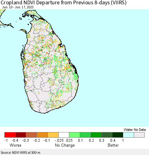 Sri Lanka Cropland NDVI Departure from Previous 8-days (VIIRS) Thematic Map For 6/10/2023 - 6/17/2023