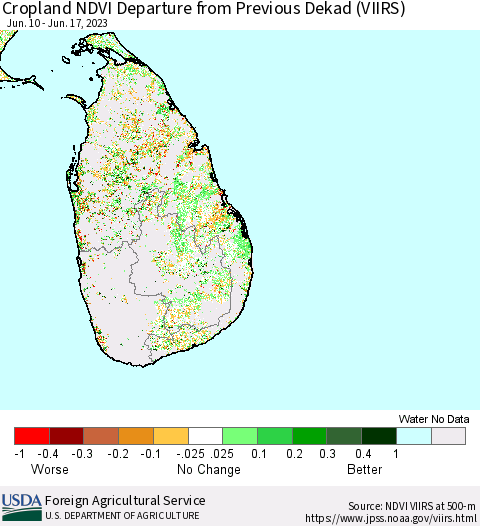 Sri Lanka Cropland NDVI Departure from Previous Dekad (VIIRS) Thematic Map For 6/11/2023 - 6/20/2023