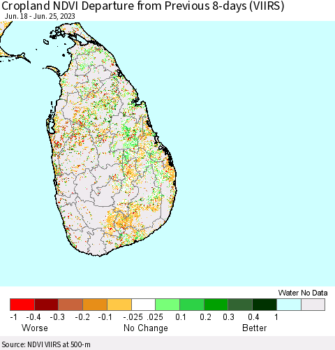 Sri Lanka Cropland NDVI Departure from Previous 8-days (VIIRS) Thematic Map For 6/18/2023 - 6/25/2023