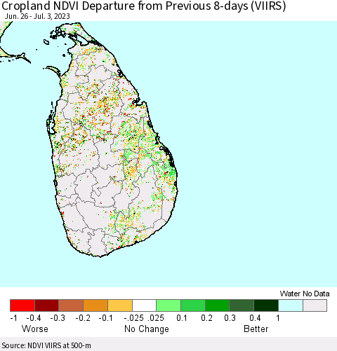 Sri Lanka Cropland NDVI Departure from Previous 8-days (VIIRS) Thematic Map For 6/26/2023 - 7/3/2023