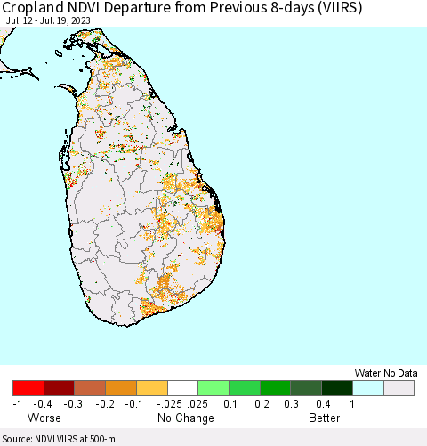 Sri Lanka Cropland NDVI Departure from Previous 8-days (VIIRS) Thematic Map For 7/12/2023 - 7/19/2023