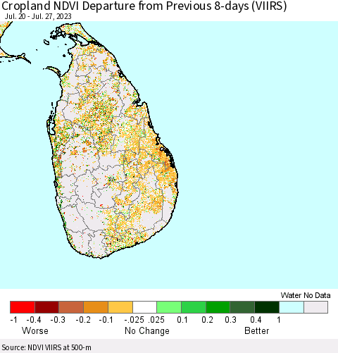Sri Lanka Cropland NDVI Departure from Previous 8-days (VIIRS) Thematic Map For 7/20/2023 - 7/27/2023
