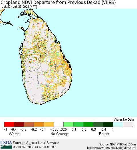 Sri Lanka Cropland NDVI Departure from Previous Dekad (VIIRS) Thematic Map For 7/21/2023 - 7/31/2023