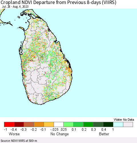 Sri Lanka Cropland NDVI Departure from Previous 8-days (VIIRS) Thematic Map For 7/28/2023 - 8/4/2023