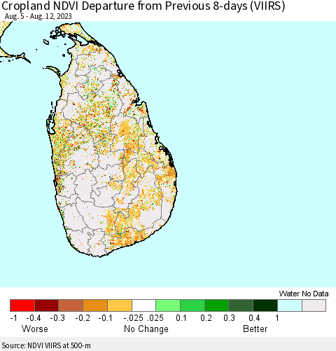 Sri Lanka Cropland NDVI Departure from Previous 8-days (VIIRS) Thematic Map For 8/5/2023 - 8/12/2023