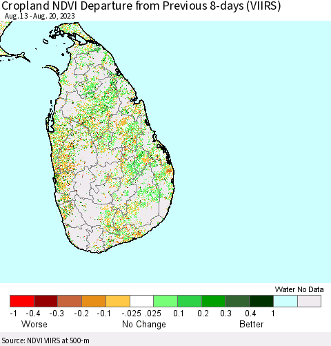 Sri Lanka Cropland NDVI Departure from Previous Dekad (VIIRS) Thematic Map For 8/11/2023 - 8/20/2023
