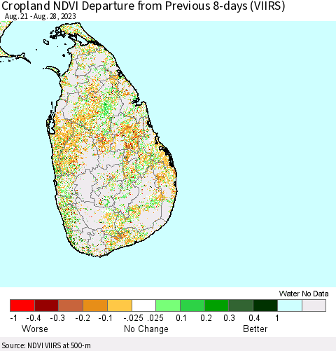 Sri Lanka Cropland NDVI Departure from Previous 8-days (VIIRS) Thematic Map For 8/21/2023 - 8/28/2023