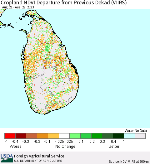 Sri Lanka Cropland NDVI Departure from Previous Dekad (VIIRS) Thematic Map For 8/21/2023 - 8/31/2023