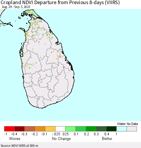 Sri Lanka Cropland NDVI Departure from Previous 8-days (VIIRS) Thematic Map For 8/29/2023 - 9/5/2023