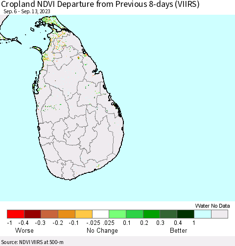 Sri Lanka Cropland NDVI Departure from Previous 8-days (VIIRS) Thematic Map For 9/6/2023 - 9/13/2023