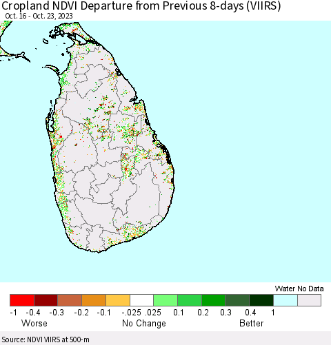 Sri Lanka Cropland NDVI Departure from Previous 8-days (VIIRS) Thematic Map For 10/16/2023 - 10/23/2023