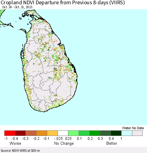 Sri Lanka Cropland NDVI Departure from Previous 8-days (VIIRS) Thematic Map For 10/24/2023 - 10/31/2023