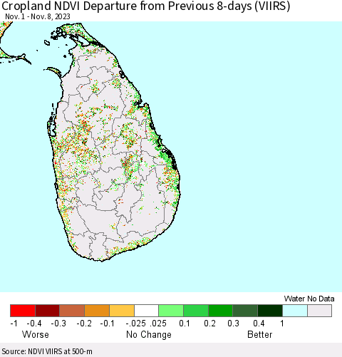 Sri Lanka Cropland NDVI Departure from Previous 8-days (VIIRS) Thematic Map For 11/1/2023 - 11/8/2023