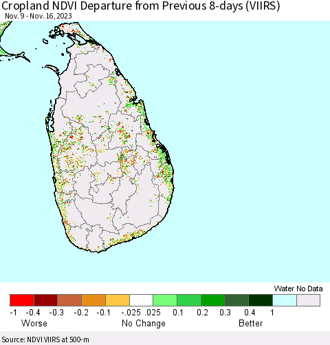 Sri Lanka Cropland NDVI Departure from Previous 8-days (VIIRS) Thematic Map For 11/9/2023 - 11/16/2023