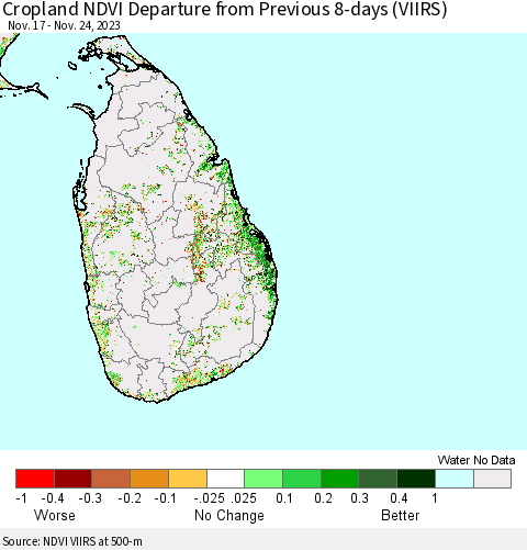 Sri Lanka Cropland NDVI Departure from Previous 8-days (VIIRS) Thematic Map For 11/17/2023 - 11/24/2023
