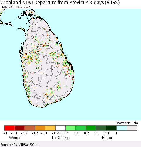 Sri Lanka Cropland NDVI Departure from Previous 8-days (VIIRS) Thematic Map For 11/25/2023 - 12/2/2023