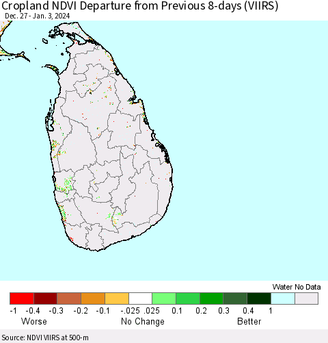 Sri Lanka Cropland NDVI Departure from Previous 8-days (VIIRS) Thematic Map For 12/27/2023 - 1/3/2024