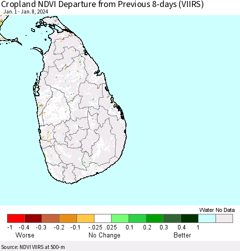 Sri Lanka Cropland NDVI Departure from Previous 8-days (VIIRS) Thematic Map For 1/1/2024 - 1/8/2024