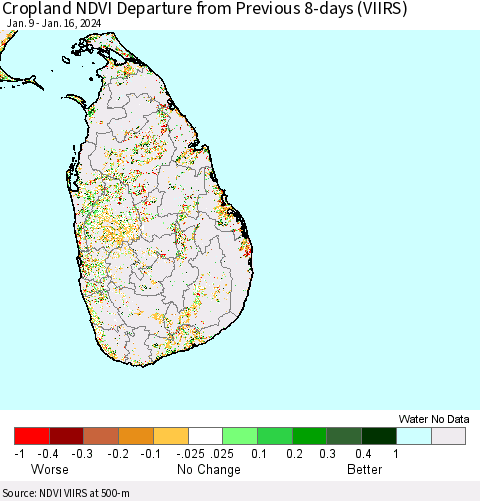 Sri Lanka Cropland NDVI Departure from Previous 8-days (VIIRS) Thematic Map For 1/9/2024 - 1/16/2024