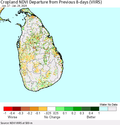 Sri Lanka Cropland NDVI Departure from Previous 8-days (VIIRS) Thematic Map For 1/17/2024 - 1/24/2024