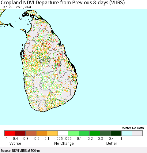 Sri Lanka Cropland NDVI Departure from Previous 8-days (VIIRS) Thematic Map For 1/25/2024 - 2/1/2024