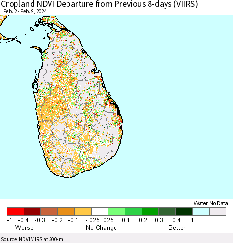 Sri Lanka Cropland NDVI Departure from Previous 8-days (VIIRS) Thematic Map For 2/2/2024 - 2/9/2024
