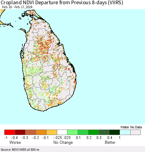Sri Lanka Cropland NDVI Departure from Previous 8-days (VIIRS) Thematic Map For 2/10/2024 - 2/17/2024