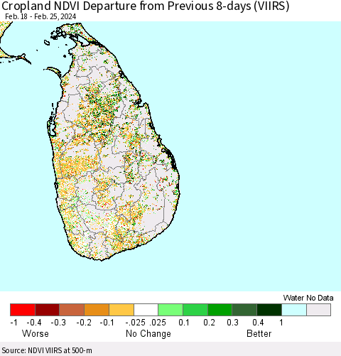 Sri Lanka Cropland NDVI Departure from Previous 8-days (VIIRS) Thematic Map For 2/18/2024 - 2/25/2024