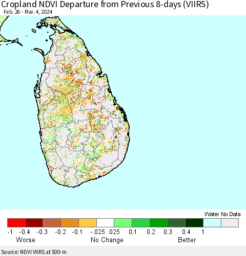 Sri Lanka Cropland NDVI Departure from Previous 8-days (VIIRS) Thematic Map For 2/26/2024 - 3/4/2024