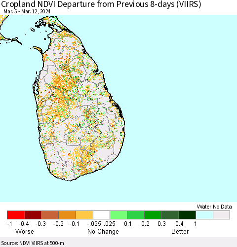 Sri Lanka Cropland NDVI Departure from Previous 8-days (VIIRS) Thematic Map For 3/5/2024 - 3/12/2024