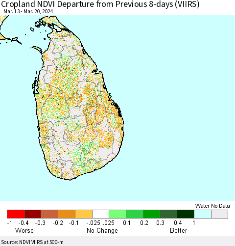 Sri Lanka Cropland NDVI Departure from Previous 8-days (VIIRS) Thematic Map For 3/13/2024 - 3/20/2024