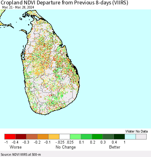 Sri Lanka Cropland NDVI Departure from Previous 8-days (VIIRS) Thematic Map For 3/21/2024 - 3/28/2024
