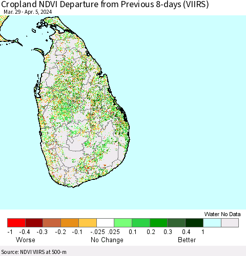 Sri Lanka Cropland NDVI Departure from Previous 8-days (VIIRS) Thematic Map For 3/29/2024 - 4/5/2024