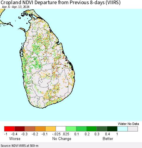 Sri Lanka Cropland NDVI Departure from Previous 8-days (VIIRS) Thematic Map For 4/6/2024 - 4/13/2024