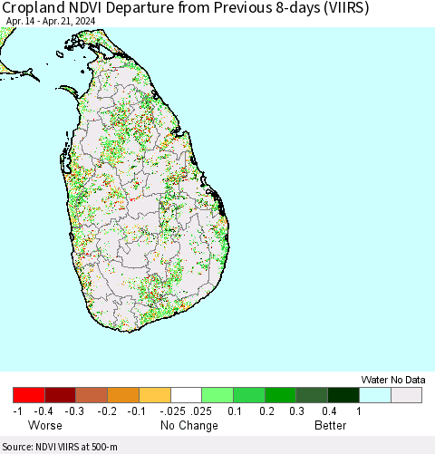Sri Lanka Cropland NDVI Departure from Previous 8-days (VIIRS) Thematic Map For 4/14/2024 - 4/21/2024