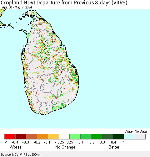 Sri Lanka Cropland NDVI Departure from Previous 8-days (VIIRS) Thematic Map For 4/30/2024 - 5/7/2024