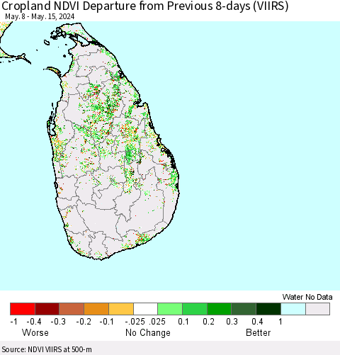 Sri Lanka Cropland NDVI Departure from Previous 8-days (VIIRS) Thematic Map For 5/8/2024 - 5/15/2024