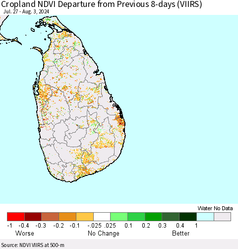Sri Lanka Cropland NDVI Departure from Previous 8-days (VIIRS) Thematic Map For 7/27/2024 - 8/3/2024