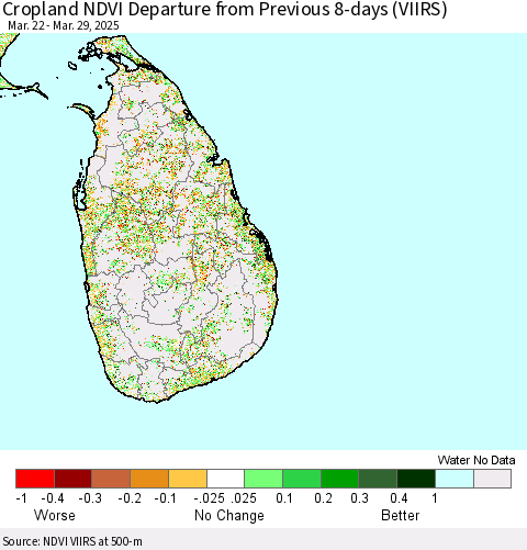 Sri Lanka Cropland NDVI Departure from Previous 8-days (VIIRS) Thematic Map For 3/22/2025 - 3/29/2025