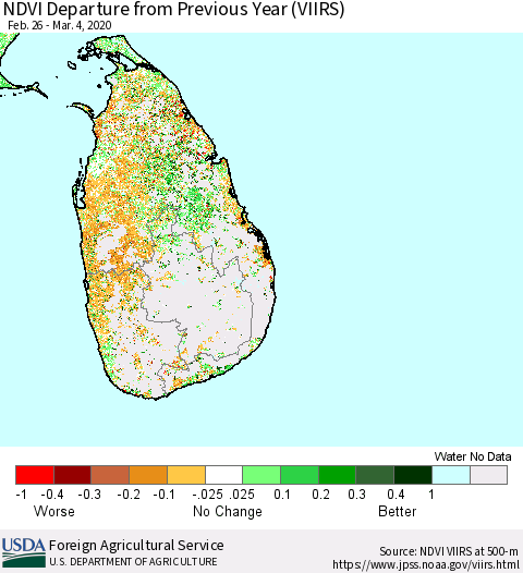 Sri Lanka NDVI Departure from Previous Year (VIIRS) Thematic Map For 3/1/2020 - 3/10/2020