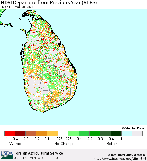 Sri Lanka NDVI Departure from Previous Year (VIIRS) Thematic Map For 3/11/2020 - 3/20/2020