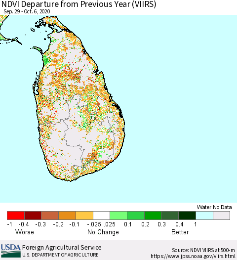 Sri Lanka NDVI Departure from Previous Year (VIIRS) Thematic Map For 10/1/2020 - 10/10/2020