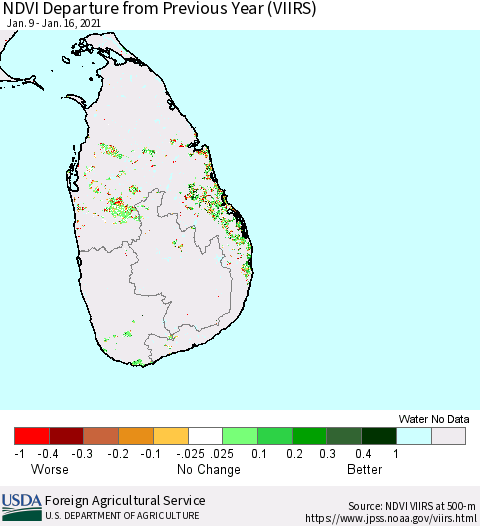 Sri Lanka NDVI Departure from Previous Year (VIIRS) Thematic Map For 1/11/2021 - 1/20/2021