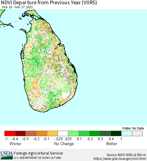 Sri Lanka NDVI Departure from Previous Year (VIIRS) Thematic Map For 2/11/2021 - 2/20/2021
