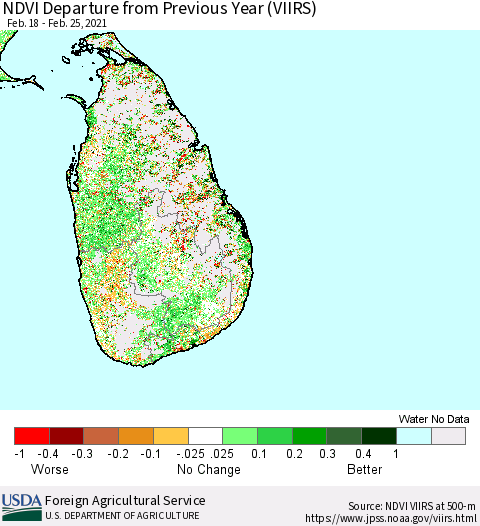 Sri Lanka NDVI Departure from Previous Year (VIIRS) Thematic Map For 2/21/2021 - 2/28/2021