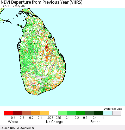 Sri Lanka NDVI Departure from Previous Year (VIIRS) Thematic Map For 2/26/2021 - 3/5/2021