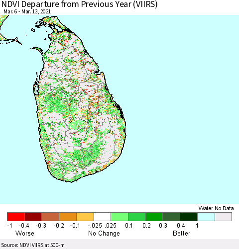 Sri Lanka NDVI Departure from Previous Year (VIIRS) Thematic Map For 3/6/2021 - 3/13/2021