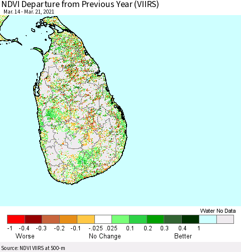 Sri Lanka NDVI Departure from Previous Year (VIIRS) Thematic Map For 3/14/2021 - 3/21/2021