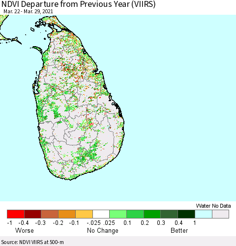 Sri Lanka NDVI Departure from Previous Year (VIIRS) Thematic Map For 3/22/2021 - 3/29/2021