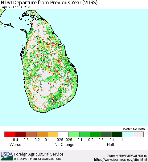Sri Lanka NDVI Departure from Previous Year (VIIRS) Thematic Map For 4/11/2021 - 4/20/2021